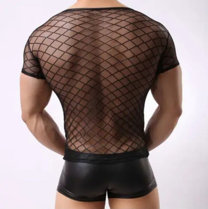 Feline Men's Transparent T-Shirt & Short Ice Silk Fabric Mesh Sleepwear Set